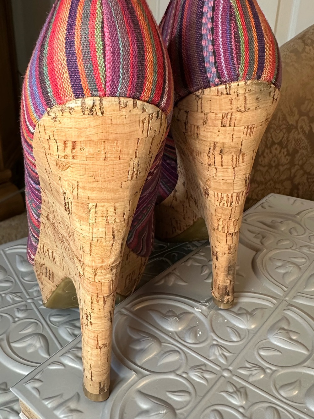 Bamboo Multicolor Striped Cork Platform Peep Toe Heels Size 8.5 Boho Pumps - Picture 6 of 13